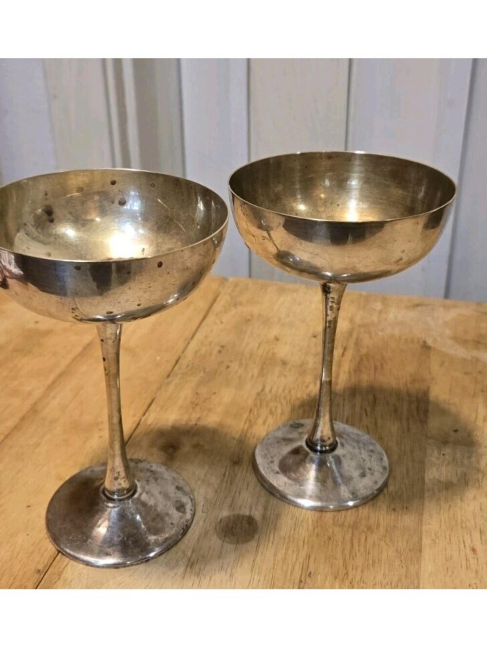 2 Vintage Silver Plated Wine Champagne Goblets Barware Drinkware Unmarked Flaws